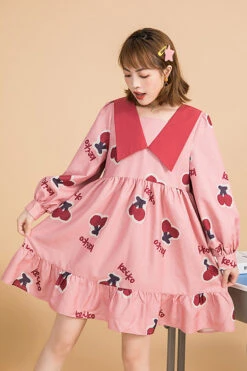 Pink Lapel Collar Long Sleeved Cherry Print Stitching Bowknot Ruffled Slimming Sweet Lolita Dress -LolitaInside c8b2789a77c4600c9bcc54bb36a1ee63