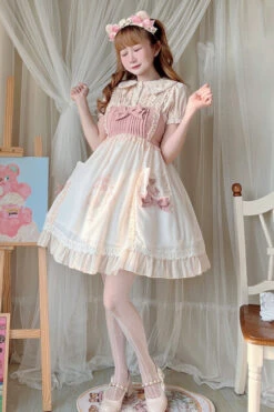 Beige Ruffled Bow Cute Bear Print High Waisted Sweet Lolita JSK Dress -LolitaInside c96a336f7b21a847fdf5e3d2035eabe8