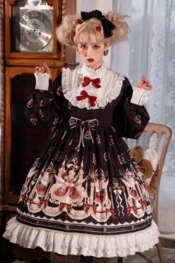 Doll Collar Lantern Long Sleeves Stitching Bear Paradise Print Ruffled Hanayome Sweet Lolita Op Dress -LolitaInside caa6598f44f98d79b8ac34e72e929243