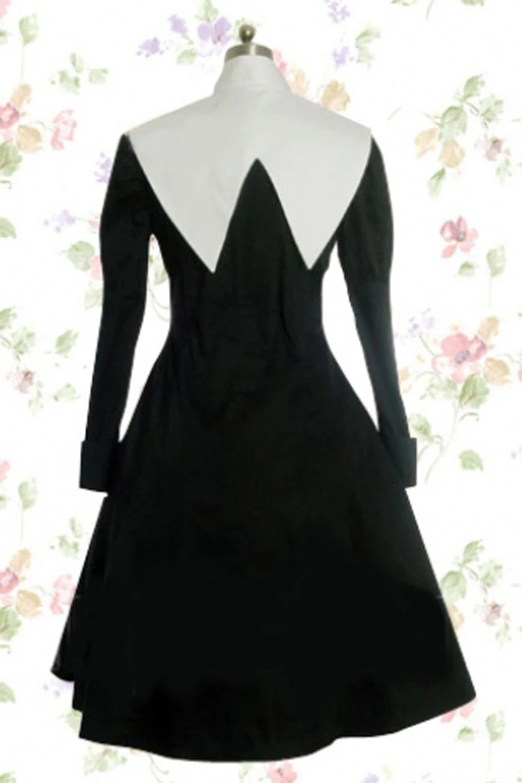 Black/White Cotton Stand Collar Long Sleeves Knee-length Bowknot Gothic Lolita Dress 4 Black/White Cotton Stand Collar Long Sleeves Knee-length Bowknot Gothic Lolita Dress - Image 2