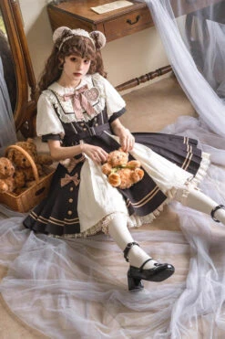 Black/White Chocolate Workshop Short Version Elegant Short Puff Sleeves Sweet Lolita Dress -LolitaInside cbc847645e8e8eaad43fb6767f7b5765