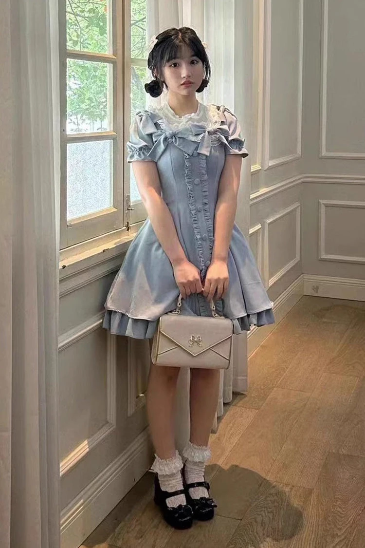 Light Blue Annie's Gift Short Sleeves Bowknot Short Version Sweet Lolita Dress (Plus Size Support) 5 Light Blue Annie's Gift Short Sleeves Bowknot Short Version Sweet Lolita Dress (Plus Size Support) - Image 3