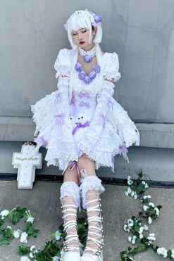 White/Purple Puff Short Sleeves Princess Gothic Lolita Tiered Dress -LolitaInside cc805a490f2213f0e3122cc786d477e5