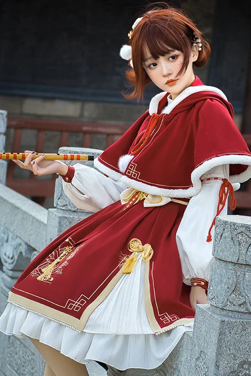 Red Chinese New Year Golden Crane Print Long Sleeve Sweet Lolita OP Dress 7 Red Chinese New Year Golden Crane Print Long Sleeve Sweet Lolita OP Dress - Image 5