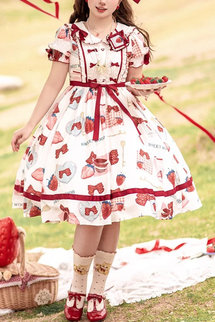 Multi-Color Strawberry Bowknot Print Short Sleeves Short Version Sweet Lolita Dress 3 Multi-Color Strawberry Bowknot Print Short Sleeves Short Version Sweet Lolita Dress