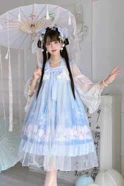 Blue Marine Jellyfish Print Bowknot Long Sleeves Ruffled Chinese Style Sweet Lolita Dress -LolitaInside ce0c125aa027d03b2f970339fe693351