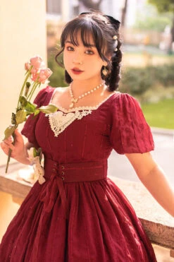 Wine Elegant Vintage Square Collar Short Sleeves Multi-Layer Ruffled Classic Lolita OP Dress -LolitaInside ce660a94d85dfd6ff06ca1cbcee098b0