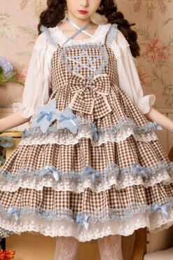 Brown Plaid Print Lace Layered Ruffled High Waist Sweet Lolita JSK Dress