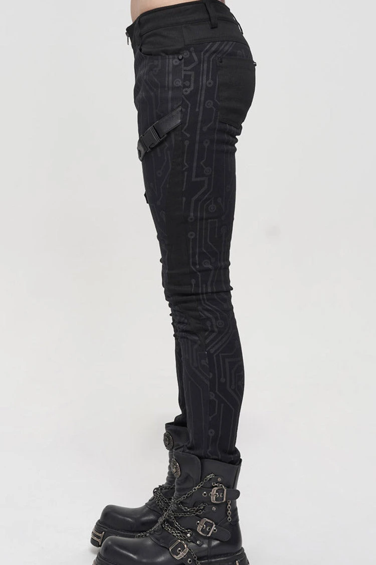 Black Punk Casual Circuit Diagram Print Asymmetric Decoration Men's Long Pants 4 Black Punk Casual Circuit Diagram Print Asymmetric Decoration Men's Long Pants - Image 2