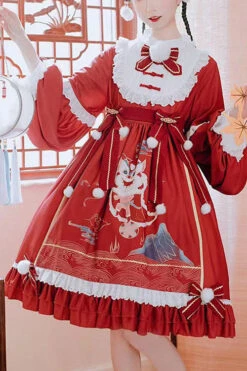 Red Lion Stepping On Hydrangea Print Bowknot Long Sleeves Multi-Layer Ruffled Sweet Lolita OP Dress