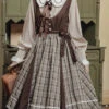 White/Brown Campus Style Doll Collar Lantern Sleeves Plaid Sweet Lolita OP Dress