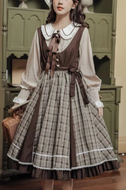 White/Brown Campus Style Doll Collar Lantern Sleeves Plaid Sweet Lolita OP Dress