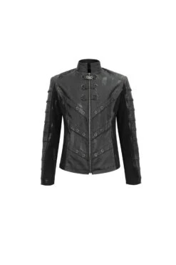 Black Stand Collar Stretch Faux Leather Twill Woven Men's Punk Jacket -LolitaInside cfe065292809d3ab1ce9b239a7715c31