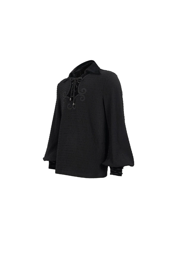Black Embroidered Chest With Drawstring Strappy Puff Sleeved Men's Gothic Shirt 8 Black Embroidered Chest With Drawstring Strappy Puff Sleeved Men's Gothic Shirt - Image 6