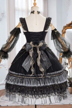 Black Starry Night Square Collar Bowknot Multi-Layer Ruffled Cardigan Gothic Lolita JSK Dress With Detached Sleeves -LolitaInside d1580ebe53acf45e60076456c6653003