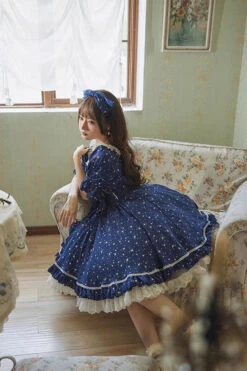 Midsummer Galaxy Shiny Star Print Short Sleeves Ruffle Bowknot Sweet Lolita OP Dress -LolitaInside d1f3e37fef9dd60bf1c5237e994b6dd3