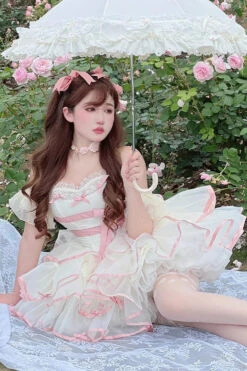 Pink/Beige Ballerina Style Bowknot Slim Fluffy Princess Sweet Lolita Tiered Dress -LolitaInside d22dd0bb49380d1a8ffee486bb939a26