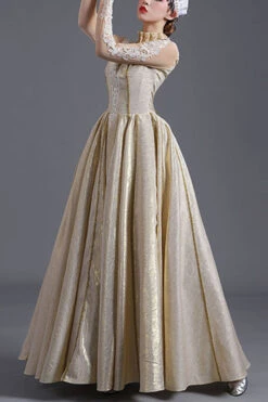 Light Golden Long Sleeves Hollow Embroidery Print High Waisted Victorian Lolita Prom Dress