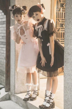 Chinese Style Stand Collar Lace Puff Short Sleeve Delicate Sweet Lolita Dress -LolitaInside d29ee872f964d36e9603e981a7f61584