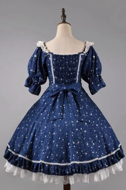 Midsummer Galaxy Shiny Star Print Short Sleeves Ruffle Bowknot Sweet Lolita OP Dress -LolitaInside d2d8adf807a98f49ada44ce78de4070b