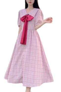 Pink Navy Lapel Collar Check Short Sleeves High Waisted Long Plus Size Sweet Lolita Dress
