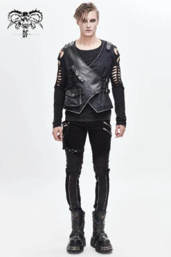 Black V Neck Asymmetric Lace Up Leather Loop Shoulder Rivet Corduroy Men's Punk Waistcoat -LolitaInside d3193f2b00b6eb11c612ff8725de7aca