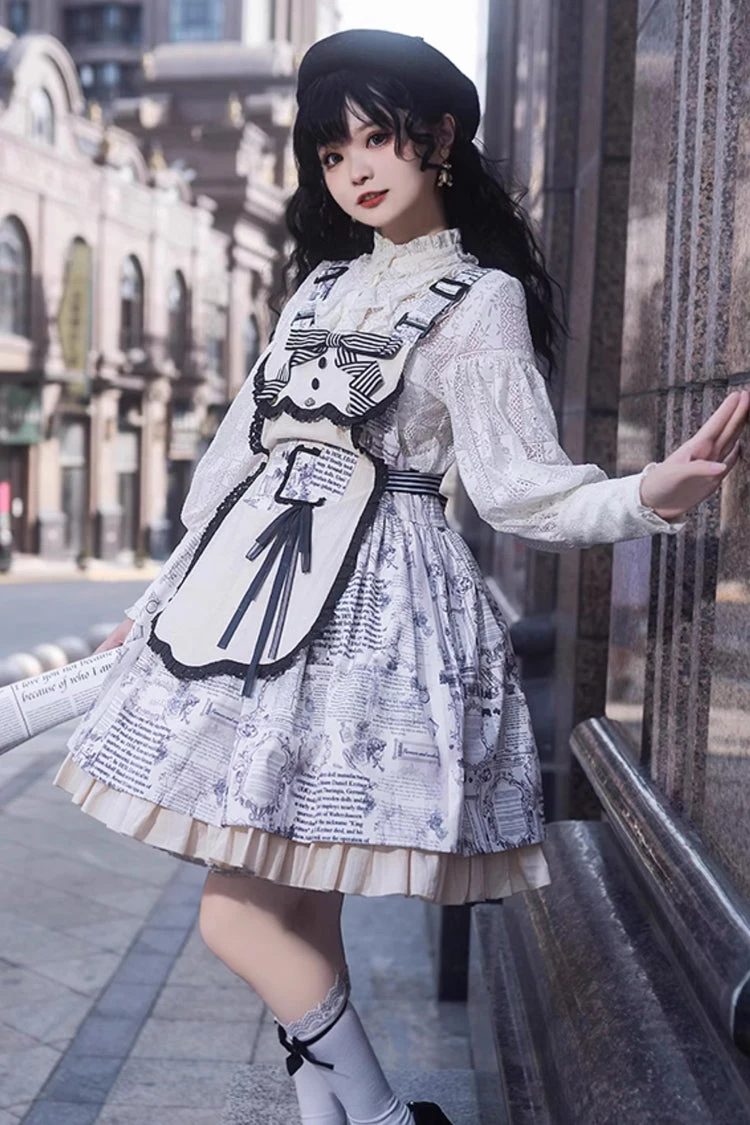 White Vintage Berlin Daily Print Removable Apron Classic Lolita Strap Dress 7 White Vintage Berlin Daily Print Removable Apron Classic Lolita Strap Dress - Image 5