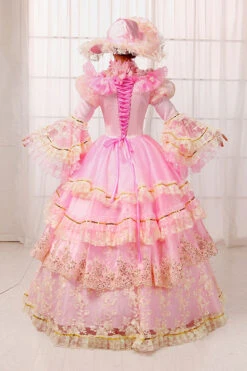 Pink Trumpet Sleeves High Waisted Hollow Embroidery Print Multi-Layer Victorian Lolita Prom Dress -LolitaInside d40780b670c7523ba124de93070934e9