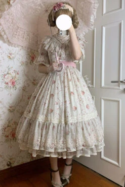Elegant Vintage Rose Flowers Print Multi-Layer Embroidery Ruffled Sweet Lolita OP Dress -LolitaInside d42b7671eb991286c0b6a8329beeed27