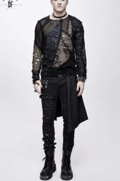 Black A Variety Of Mesh Materials Stitching Unedged Broken Holes Round Collar Men's Punk T-Shirt