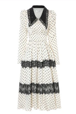 Beige/Black Doll Collar Vintage Lace Patchwork Polka Dot Print Long Sleeves High Waisted Long Sweet Lolita OP Dress -LolitaInside d48e688c5322c43df1aff8e90725dc1c