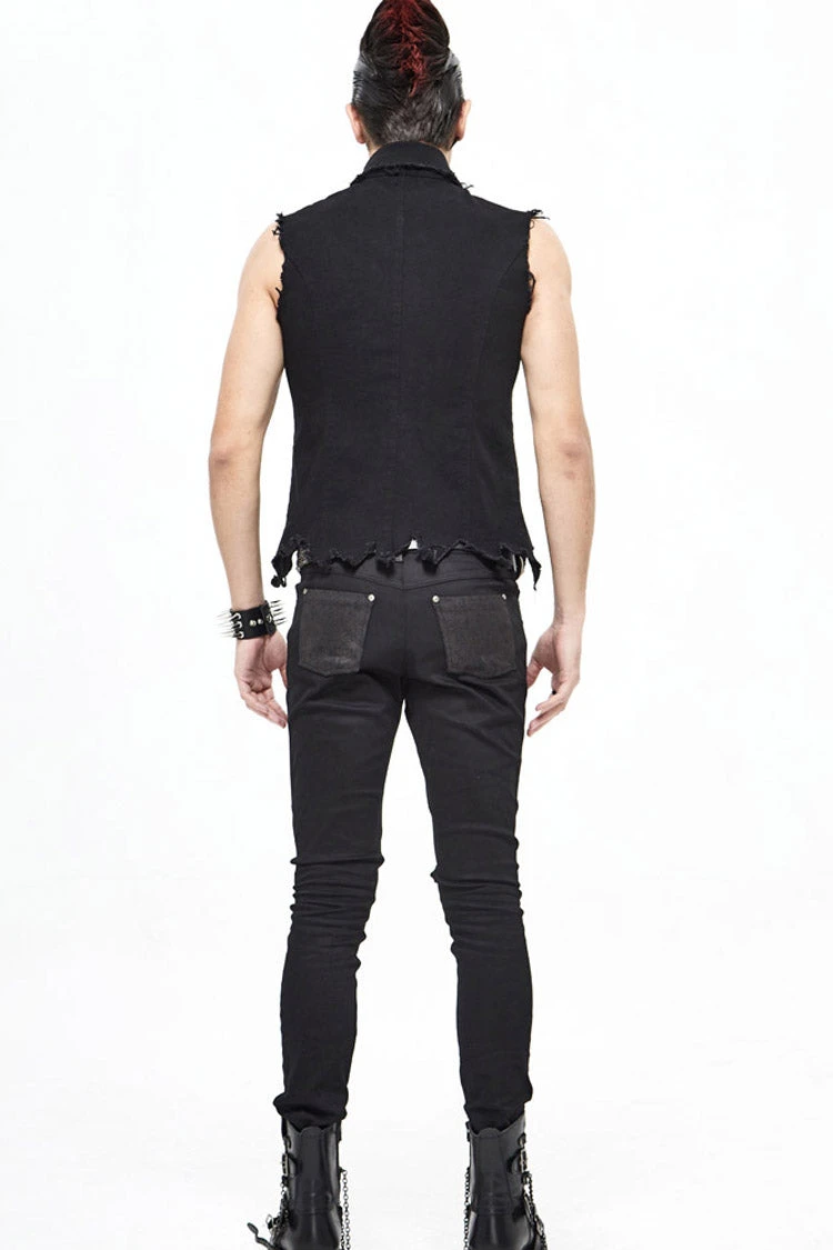 Black Worn Out Twill Mesh Decoration Rough Selvedge Hem Heavy Metal Men's Punk Waistcoat 13 Black Worn Out Twill Mesh Decoration Rough Selvedge Hem Heavy Metal Men's Punk Waistcoat - Image 11