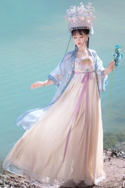 Chinese Tang Dynasty Design Style Embroidered Chiffon Short Sleeves Sweet Hanfu Dress -LolitaInside d555aed20f0899c674c8744780b3cd58