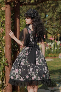 Black Elegant Vintage French Rose Print Square Collar Ruffled Classic Lolita OP Dress -LolitaInside d681a756b4140d518e24af97ff168b8e