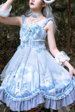 Blue Ruffled Stitching Seam 3D Print Sweet Lolita JSK Dress