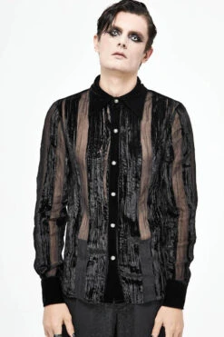 Black Striped Velvet Fold Mushroom Metal Buckles Long Sleeve Irregular Men's Gothic Shirt -LolitaInside d7289e8615de5533deec07bd70746402