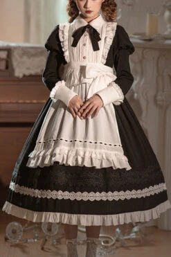 Black Lapel Collar Bowknot Long Sleeves Ruffled Sweet Lolita Maid OP Dress (Apron Is Included)