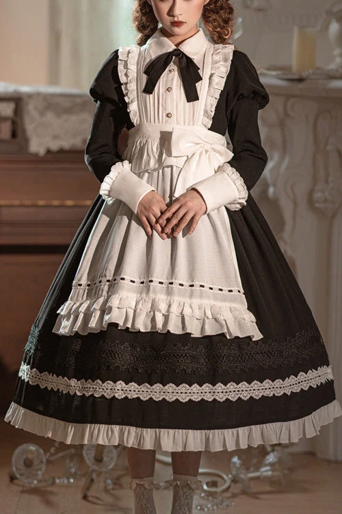 Black Lapel Collar Bowknot Long Sleeves Ruffled Sweet Lolita Maid OP Dress (Apron Is Included) 3 Black Lapel Collar Bowknot Long Sleeves Ruffled Sweet Lolita Maid OP Dress (Apron Is Included)