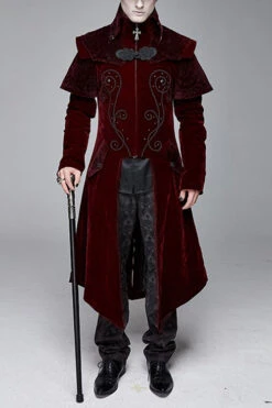 Red Gothic Stand Collar Velveteen Mens Coat