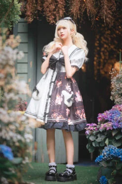 Black/White Navy Collar Short Sleeves Strawberry Bear Print Ruffled Hem Sweet Lolita Dress -LolitaInside d7a60a948135f0e3cc9ad2536a3eeedd