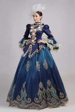 Blue Trumpet Sleeves High Waisted Three Dimensional Flower Hollow Embroidery Print Victorian Lolita Prom Dress -LolitaInside d7df0f54aac6279c57fde0ffdb0f400a