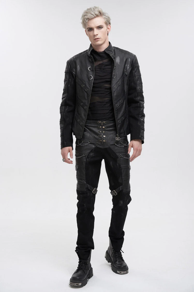 Black Slim Fit Zip Stud Side Chain Eyelet Rock Men's Gothic Trousers 6 Black Slim Fit Zip Stud Side Chain Eyelet Rock Men's Gothic Trousers - Image 4