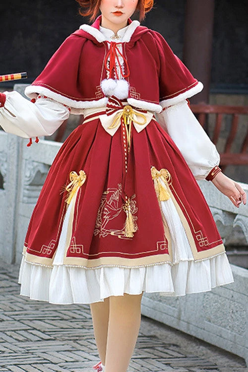 Red Chinese New Year Golden Crane Print Long Sleeve Sweet Lolita OP Dress 3 Red Chinese New Year Golden Crane Print Long Sleeve Sweet Lolita OP Dress