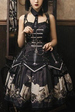 Black New Pirate Ship Print Full Set Gothic Lolita JSK Dress