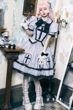 Grey Halloween Cross Short Puff Sleeves Two Pieces Gothic Lolita Dress 9 Grey Halloween Cross Short Puff Sleeves Two Pieces Gothic Lolita Dress -LolitaInside d90b247427684c93db589fe78e9b862c