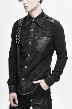 Black Asymmetric Left Shoulder Loop Mesh Rivet Snap Button Men's Punk Shirt