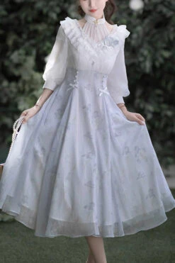 White/Blue Lace V Collar Half Sleeves High Waisted Sweet Lolita OP Dress