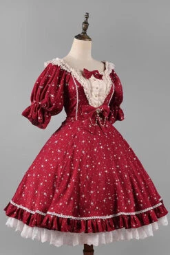 Midsummer Galaxy Shiny Star Print Short Sleeves Ruffle Bowknot Sweet Lolita OP Dress -LolitaInside dc3397fcfdd92aa6760a8cfb70484e87