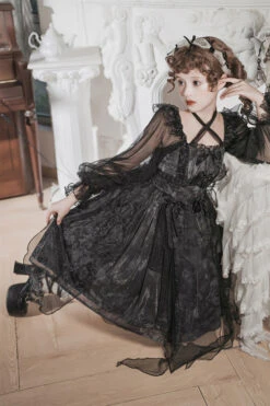 Black Ruffled Strap Mesh Lantern Sleeves High Waisted Irregular Hem Gothic Lolita OP Dress -LolitaInside dc5260b39e951e02e42906addd4537a9