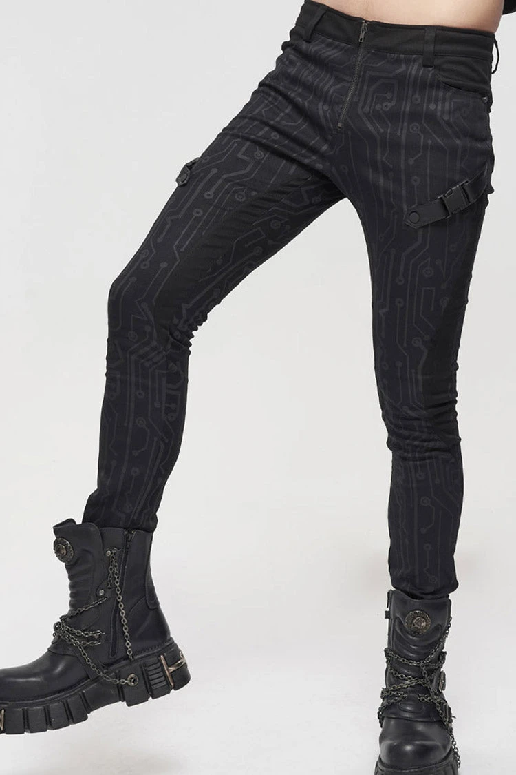 Black Punk Casual Circuit Diagram Print Asymmetric Decoration Men's Long Pants 9 Black Punk Casual Circuit Diagram Print Asymmetric Decoration Men's Long Pants - Image 7